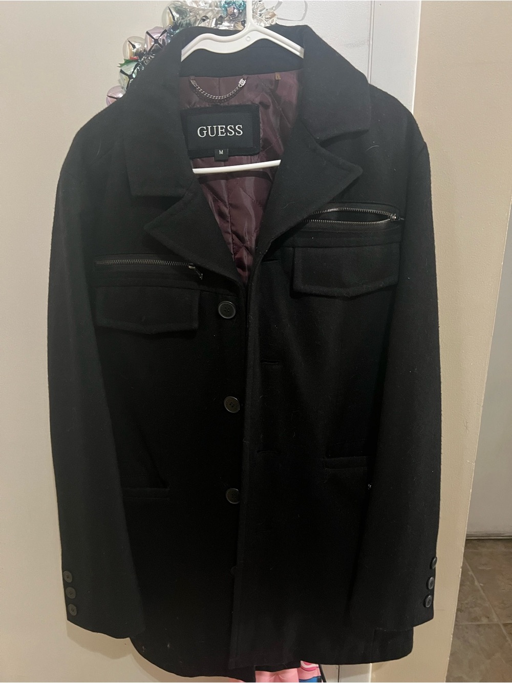 GUESS Black Men's Wool-Blend Pea Coat with Zip-Accent Pockets